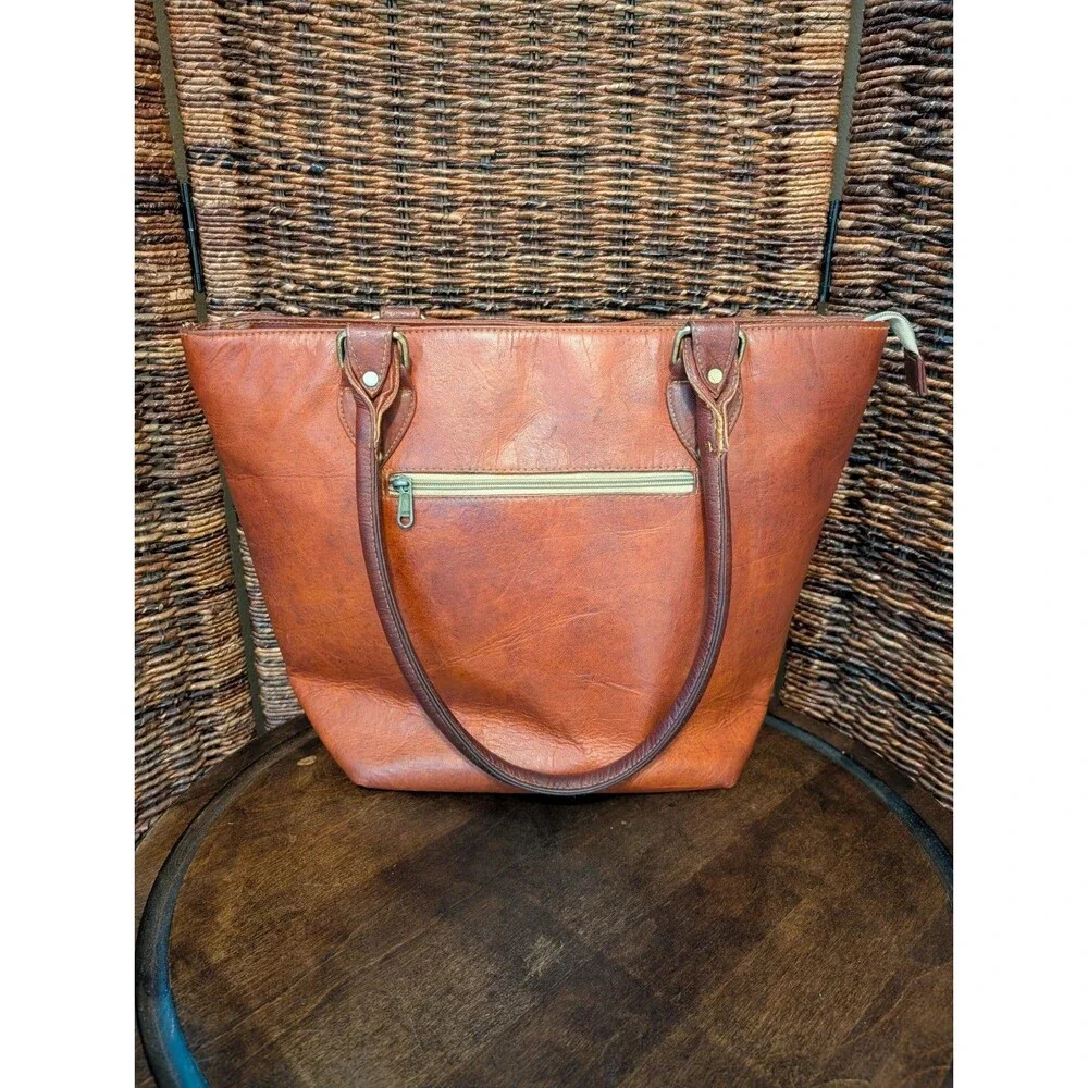 Vintage Leather Tote Bag Brown Double Handle Shoulder Purse 70s Boho Retro Large - Picture 5 of 13